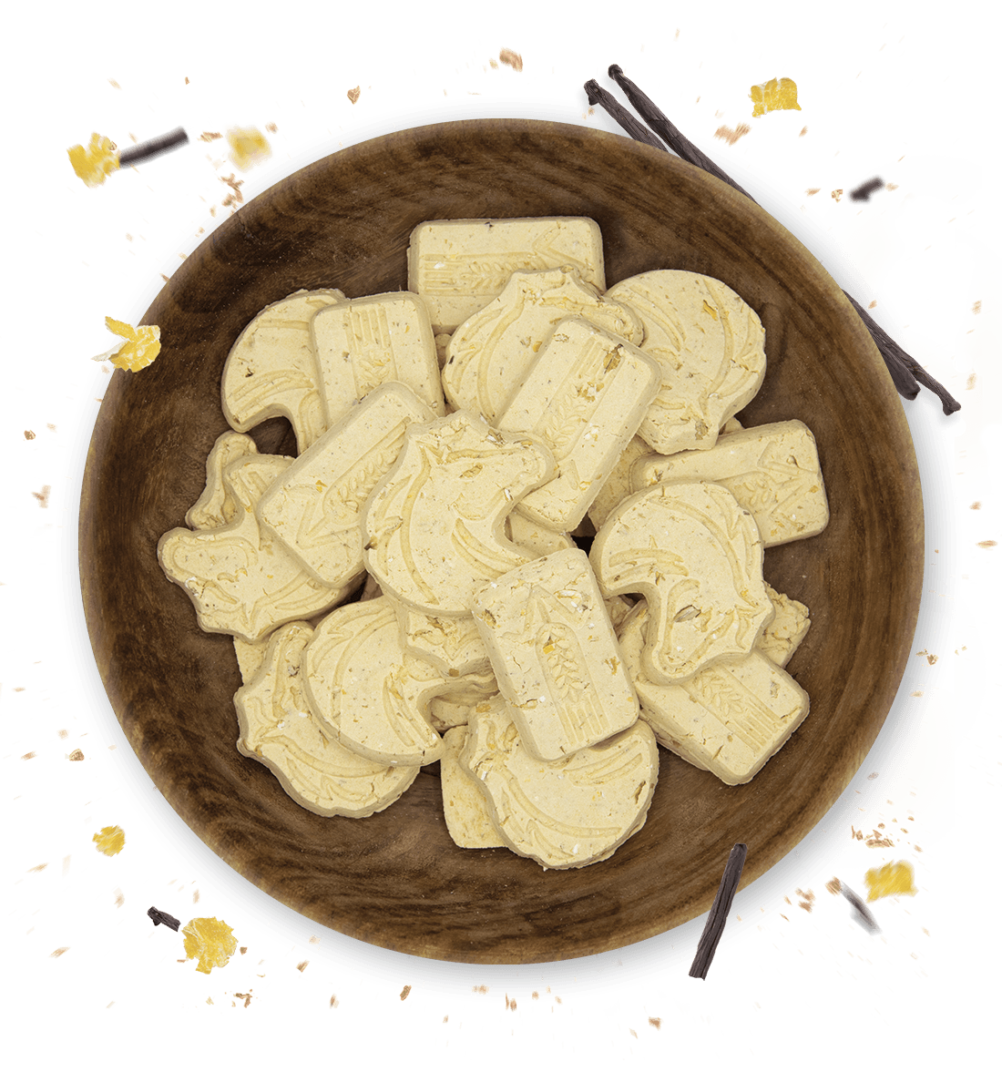 Biscotti alla vaniglia e cereali per cavalli top view